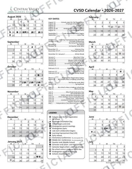 Central Valley School District 2026-27 calendar