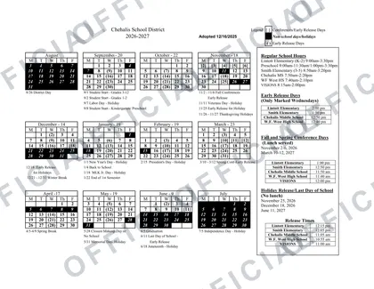 Chehalis School District 2026-27 calendar