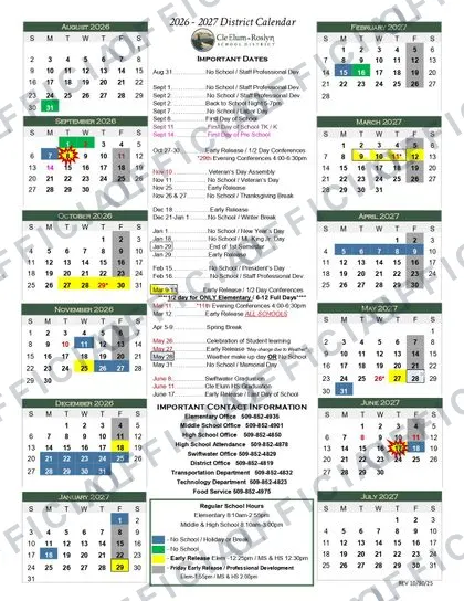 Cle Elum-Roslyn School District 2026-27 calendar