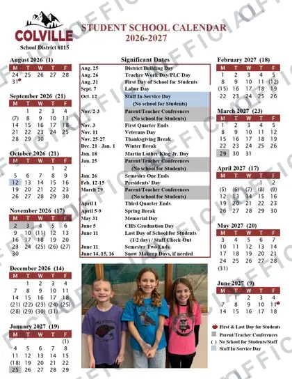 Colville School District 2026-27 calendar