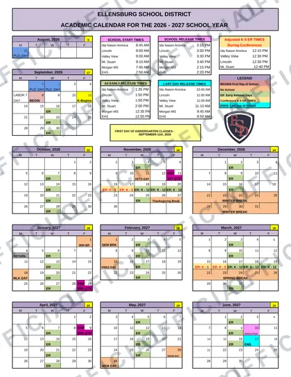 Ellensburg School District 2026-27 calendar