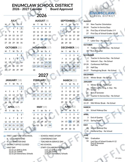 Enumclaw School District 2026-27 calendar