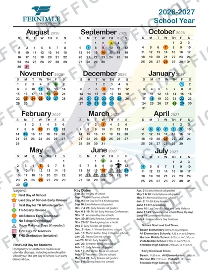 Ferndale School District 2026-27 calendar