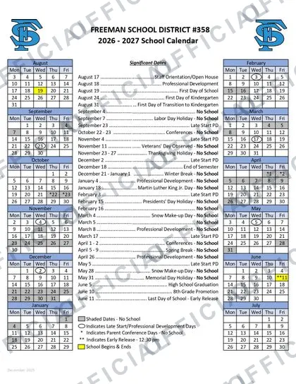 FREEMAN SCHOOL DISTRICT #358 2026-27 calendar