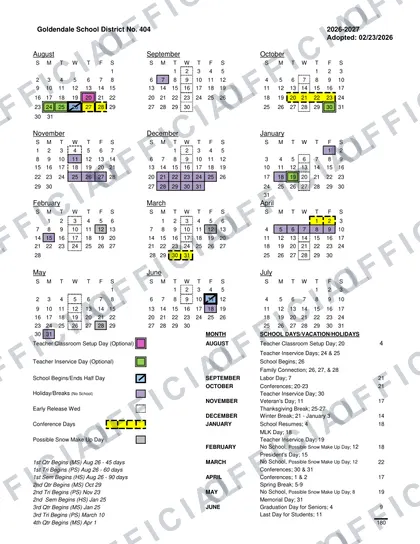 Goldendale School District No. 404 2026-27 calendar
