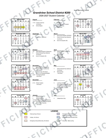 Grandview School District #200 2026-27 calendar