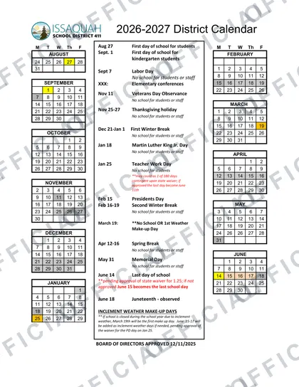 Issaquah School District 411 School 2026-27 calendar