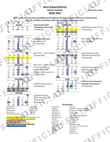 Kent School District 2026-27 calendar