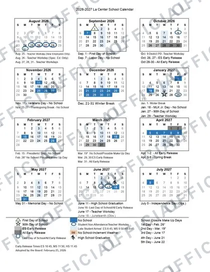 La Center School District 2026-27 calendar