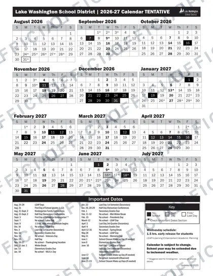 Lake Washington School District LWSD 2026-27 calendar