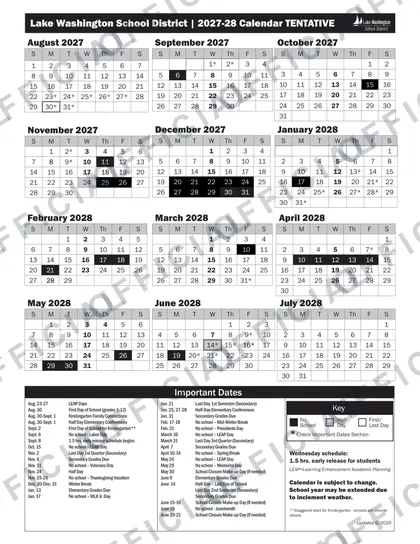 Lake Washington School District 2026-27 calendar