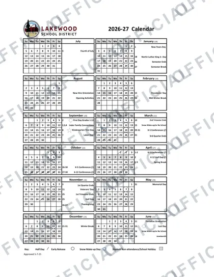 Lakewood School District 2026-27 calendar