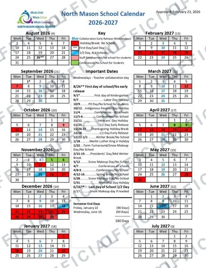 NORTH MASON SCHOOL DISTRICT 2026-27 calendar