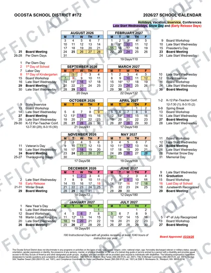 Ocosta School District #172 2026-27 calendar
