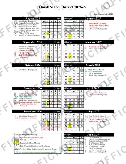 Omak School District 2026-27 calendar