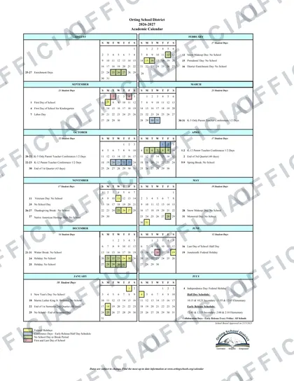 Orting School District 2026-27 calendar