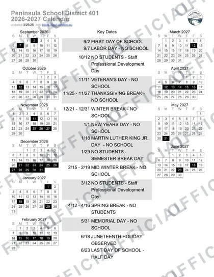 Peninsula School District 401 2026-27 calendar