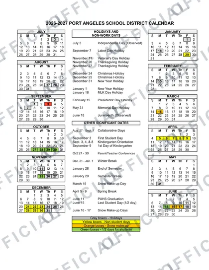 Port Angeles School District 2026-27 calendar