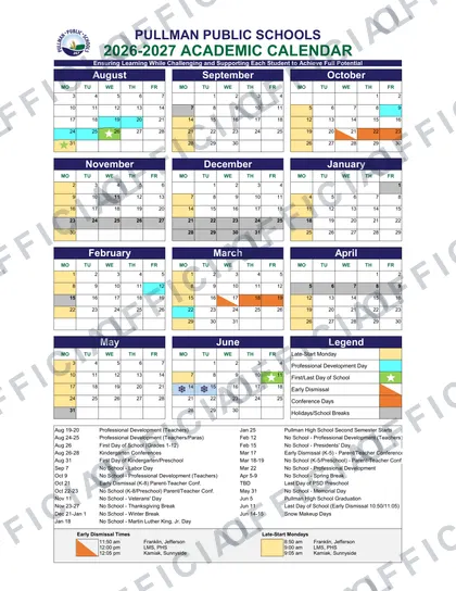 Pullman Public Schools 2026-27 calendar