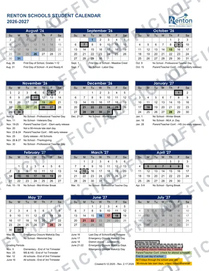 Renton School District 2026-27 calendar