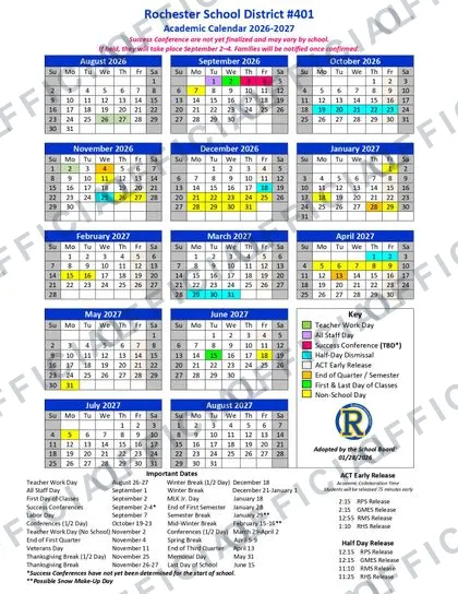 Rochester School District 2026-27 calendar