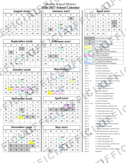 Shelton School District 2026-27 calendar