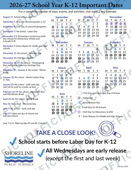 Shoreline Public Schools 2026-27 calendar