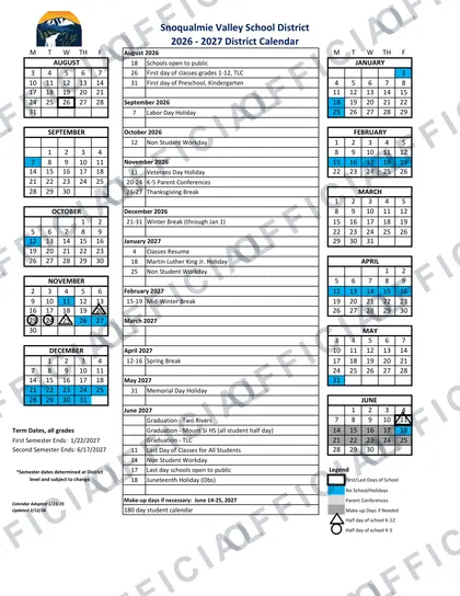 Snoqualmie Valley School District 2026-27 calendar
