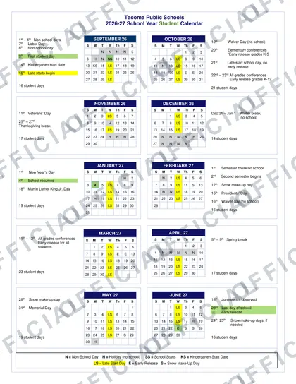 Tacoma Public Schools 2026-27 calendar
