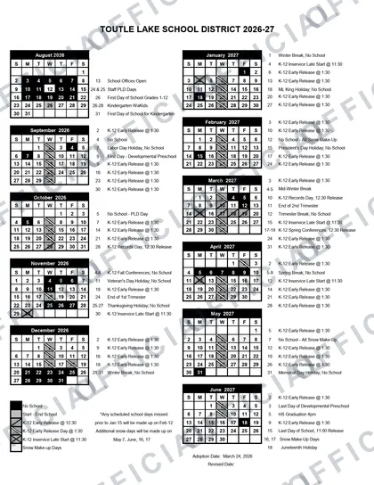 TOUTLE LAKE SCHOOL DISTRICT 2026-27 calendar