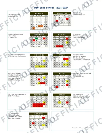 Trout Lake School 2026-27 calendar