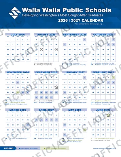 Walla Walla Public Schools 2026-27 calendar