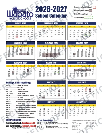 Wapato Public Schools 2026-27 calendar