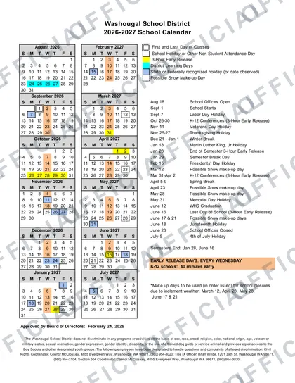 Washougal School District 2026-27 calendar