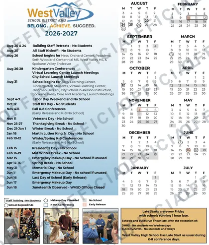 West Valley School District #363 2026-27 calendar