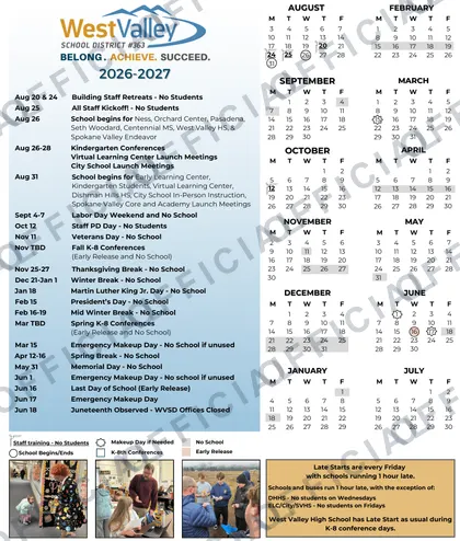 West Valley School District #363 2026-27 calendar