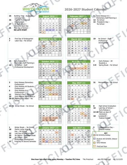White River School District 2026-27 calendar