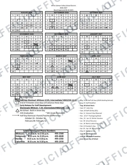 White Salmon Valley School District 2026-27 calendar