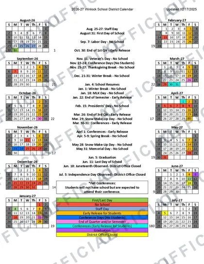 Winlock School District 2026-27 calendar