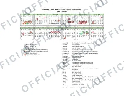Woodland Public Schools 2026-27 calendar
