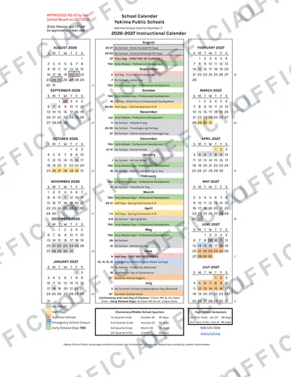 Yakima Public Schools 2026-27 calendar