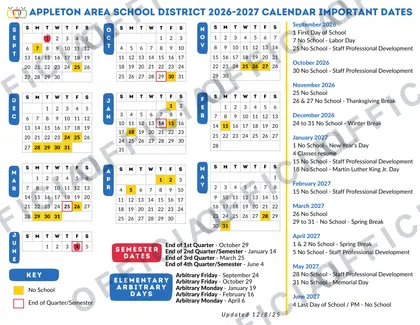 Appleton Area School WI District 2026-27 calendar