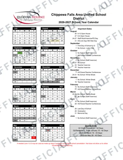 Chippewa Falls Area Unified School District 2026-27 calendar