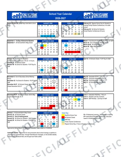 Eau Claire Area School District 2026-27 calendar