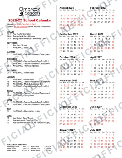 Elmbrook Schools District 2026-27 calendar