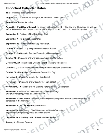 Green Bay Area Public School 2026-27 calendar