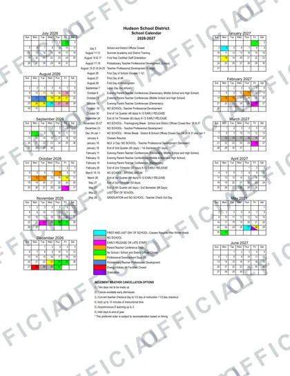 Hudson School District 2026-27 calendar
