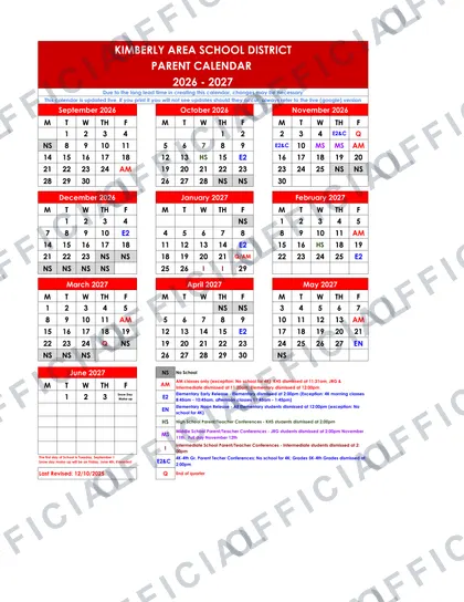 Kimberly Area School District 2026-27 calendar