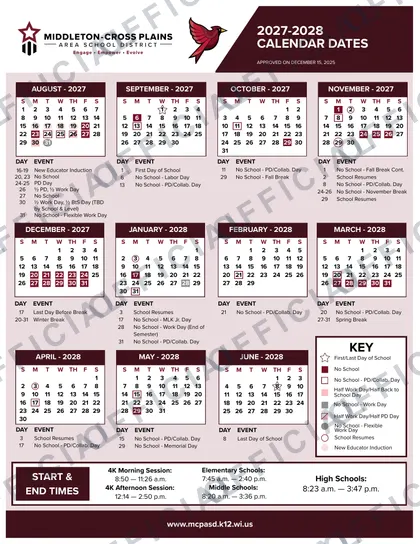 Middleton-Cross Plains Area School District 2026-27 calendar