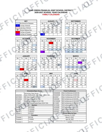 OAK CREEK-FRANKLIN JOINT SCHOOL DISTRICT 2026-27 calendar